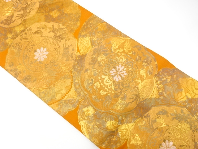 アンティーク　鏡裏に花・動物模様織り出し袋帯（着用可）